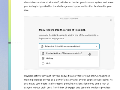 AI-Suggested Section to boost reader engagement ai app application article contextual design editor engagement heatmap helper minimal newsroom reader scrolling simple suggestion tool ui user ux