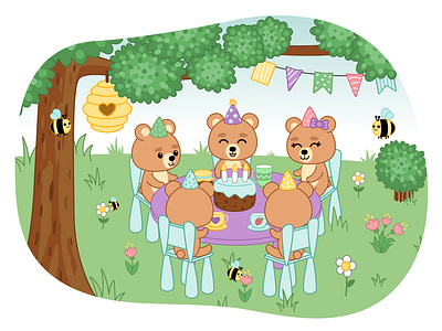 Bear's Birthday party. Children's illustration bear birthday feast festive table illustration nature party