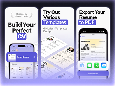 Screenshots Design for CV Builder App app icon app store branding cv cv templates design figma gradient graphic design illustration ios iphone app modern screenshots typography ui