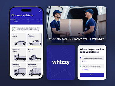 Design Elements of the Delivery App | Whizzy branding car cargo courier delivery delivery app freight logistics logo map mobile app shipment shipping steps track tracking transport transportation trucking ui design