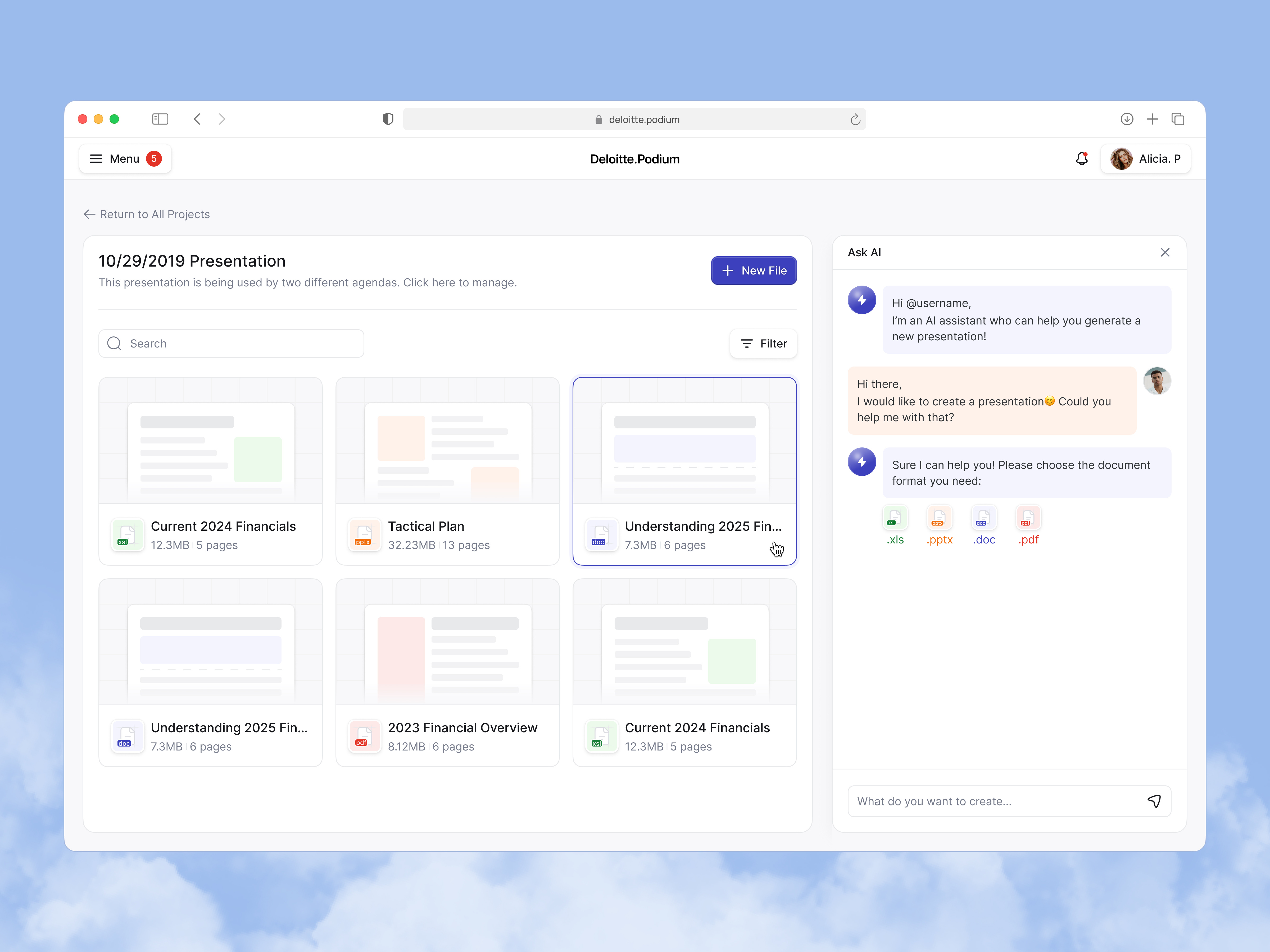 Deloitte.Podium - File Management and Creation ai app dashboard design figma illustration management ui ux
