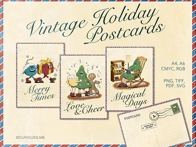 Vintage Christmas Postcards cartoon characters christmas card christmas tree greeting card holiday card design postcard rubber hose vintage style xmas