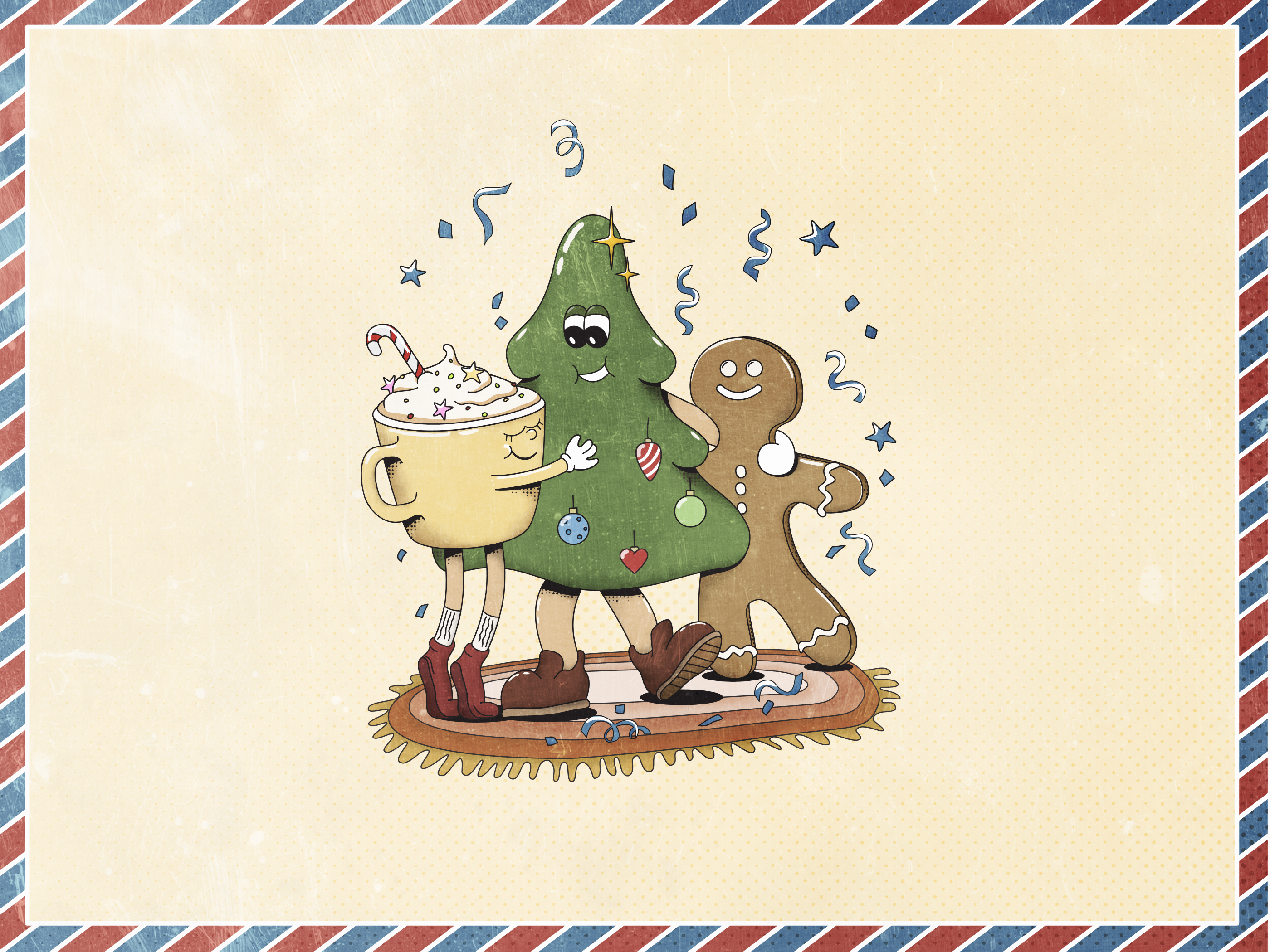 Whimsical Christmas Postcards cartoon characters christmas card christmas tree greeting card holiday card design postcard rubber hose vintage style xmas