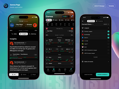 Outlier iOS: Games app app design betting dark design filter game games interface ios mobile mobile app neon outlier phone sport sports ui user interface ux