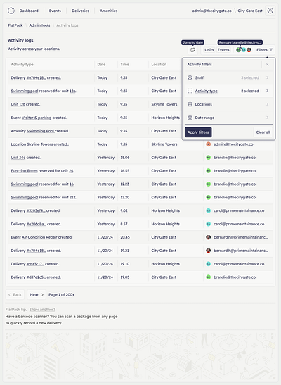 FlatPack Activity Log activity log product design saas settings ui ux webapp