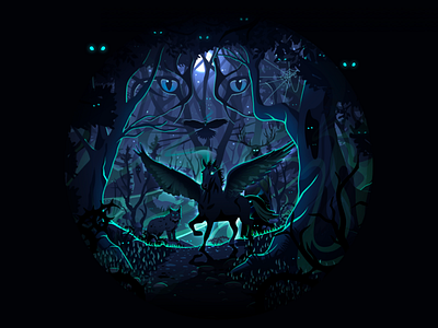 Mythical Beasts art beasts circle creepy cybersecurity dark darkart forest graphic design illustration landscape lynx madewithsketch mythical nature negative night pegasus prok art prokopenko