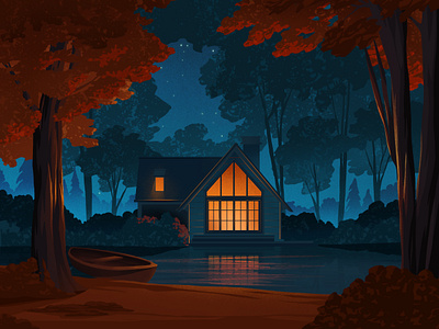 Autumn night architecture artwork autumn boat fall forest houses illustration lake landscape light nature tree