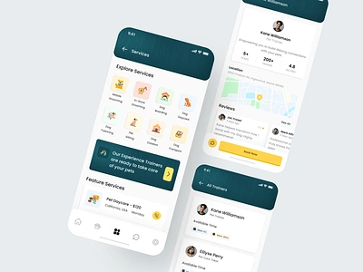 Pet Care Services App app design booking app dog training grooming services mobile app modern design navigation design pet pet app pet care reviews trainer profile uiux user interface ux design