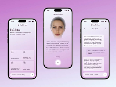 Mental Health App - AI Voice Assistant for Mindfulness ai application ai assistant ai avatar ai voice assistant application interaction digital wellness healthy lifestyle meditation app ui mental care mental health assessment mental therapy mindful design mobile application mood tracker motion graphics online therapy app product design virtual care voice ui wellness