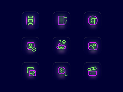 Frosted neon icons in CORE : Photography! 📸 asset flat glow icon icons illustrator line neon photograhy ui ux vector