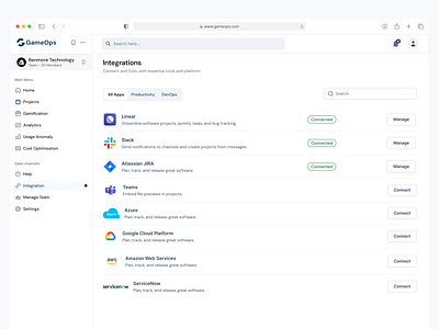 GameOps third party Integration app dashboard design ui ux web