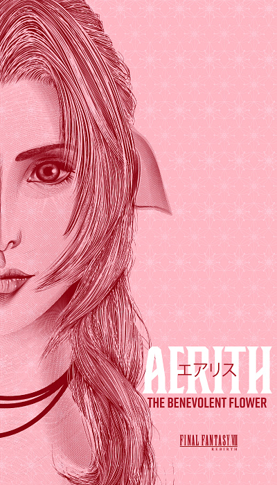 Final Fantasy VII Rebirth - Aerith Character Portrait branding design female final fantasy flowers gamer gaming graphic design illustration illustrator pattern pink portrait typography vector video game