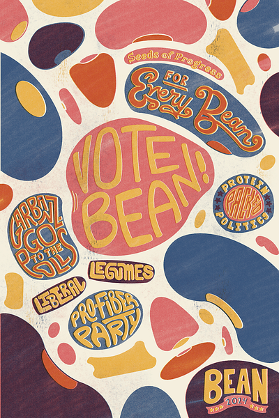 Political Campaign Poster: Vote Bean ad advertisement bean branding custom type garbanzo beans illustration inclusive design liberal marketing campaign pattern political campaign politics poster printmaking riso risograph typography vote wall art