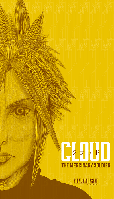 Final Fantasy VII Rebirth - Cloud Character Portrait branding cloud design fantasy fighter final fantasy game graphic design illustration illustrator packaging sword typography vector video game yellow