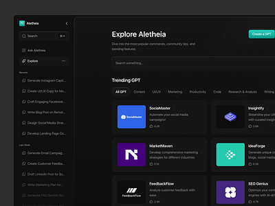 Aletheia GPT - Explore Page ai ai dashboard ai platform ai web artificial intelligence chat gpt clean dashboard design explore generate generator gpt minimalist modern tools ui ux website