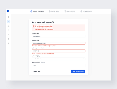 Business Profile Setup Form with Real-Time Error Validation blue clean error validation form minimal multi step form product design saas ui design ux