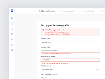 Business Profile Setup Form with Real-Time Error Validation blue clean error validation form minimal multi step form product design saas ui design ux