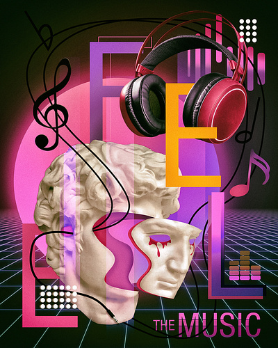 Feel the Music adobe photoshop feel graphic design music photo manipulation photoshop poster retro statue vaporwave