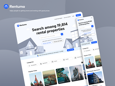 Rentumo Property Listing app blue clean creative creativedreams design landing page minimal modern design property listing real estate search property ui ui ux design ui design uiux user experience user interface ux design web design