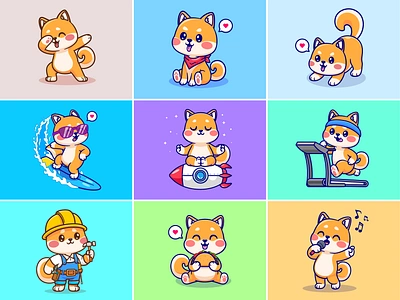 Baby Shiba Inu Dog🐶 animals branding character dog doodle food gym hobby icon illustration japan logo pet pose professional rocket shiba inu singing surfing yoga