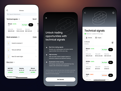 Robinhood - Technical Signals UI Design Exploration explore investment landing page onboarding robinhood signals technical technical signals trading trading signal trading signals