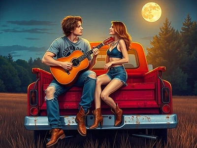 Moonlit Melody: Tailgate Tunes and Tender Hearts bohemian chevy truck couple couple goals dreamy freepik illustration love love story moonlight nostalgic outdoors relationship goals romance rustic tracingflock vintage woods young love