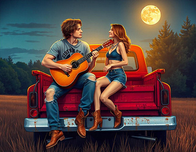 Moonlit Melody: Tailgate Tunes and Tender Hearts bohemian chevy truck couple couple goals dreamy freepik illustration love love story moonlight nostalgic outdoors relationship goals romance rustic tracingflock vintage woods young love