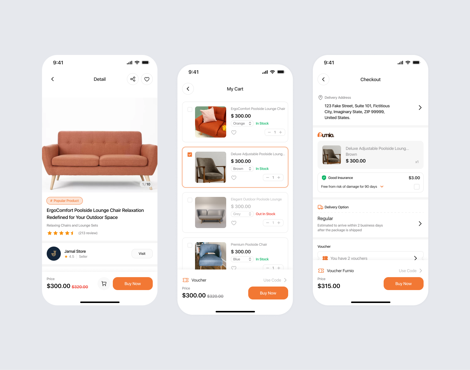Furnio | Detail, Cart & Checkout Screen Mobile App furniture mobile app ui kit user interface