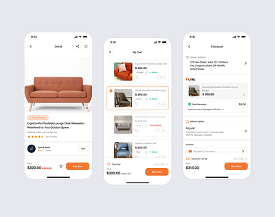 Furnio | Detail, Cart & Checkout Screen Mobile App furniture mobile app ui kit user interface