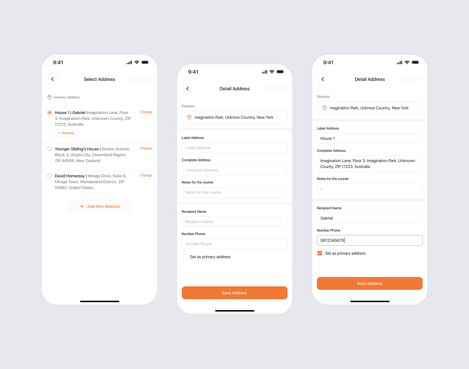 Furnio | Select Address, Detail Addres Screen Mobile App animation branding design furniture graphic design mobile app ui user experience user flow user interfaces