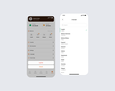 Furnio | Log Out & Language Screen Mobile App animation design furniture graphic design language logout mobile app ui user experience user flow user interfaces
