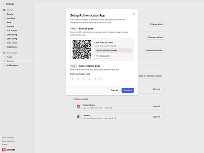 2FA - Setup Authenticator App Modal 2 factor 2 step verification 2fa blue code input design dialog figma light mode minimal modal product design qr code saas ui ui design web