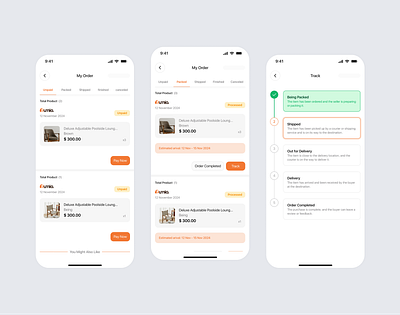 Furnio | My Order & Track Screen Mobile App animation branding cart design furniture graphic design illustration mobile app order tracking ui user experience user flow user interfaces