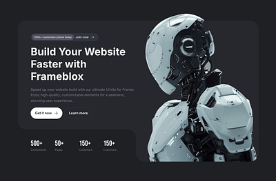 Dark landing page website hero section for Framer - Frameblox UI clean cta framer future grey header headline hero landing metrics minimal template ui webdesign