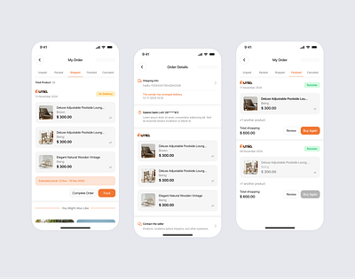 Furnio | My Order Shipped & Finished Screen Mobile App animation design ecommerce furniture graphic design mobile app ui user experience user flow user interfaces