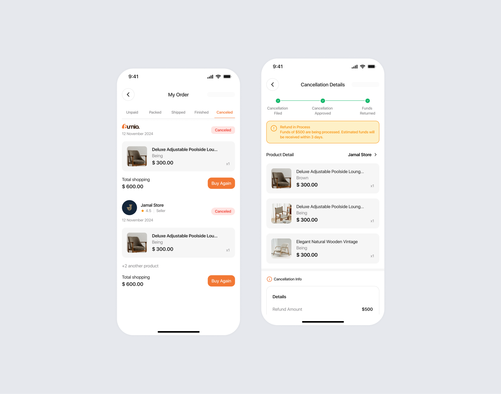 Furnio | My Order Canceled & Cancellation Details Screen animation design graphic design mobile app ui user experience user flow user interfaces