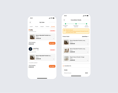 Furnio | My Order Canceled & Cancellation Details Screen animation design graphic design mobile app ui user experience user flow user interfaces