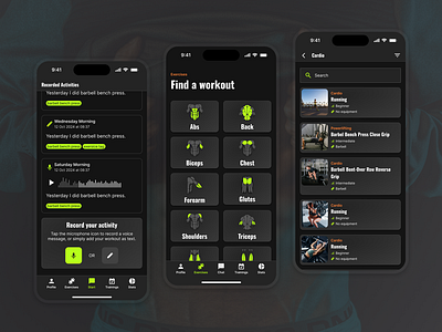 Smart Workout: Fitness Tracker App ai aiworkout bodyicons darkmode darkui fitnessapp gymtracker healthtech minimaldesign smartfitnessui voicerecordingfeature workouttracker