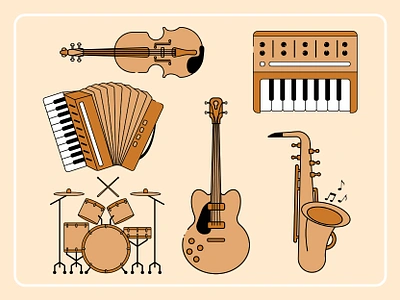 FLAT ILUSTRATION JAZZ GEAR akordeon biola brown classics drum flaticon guitars icon jazz music saxophone synthesizer