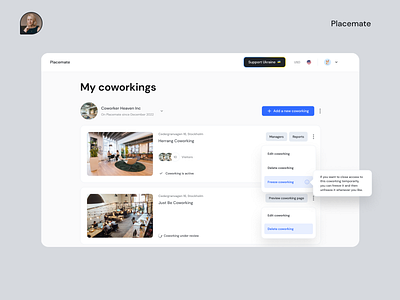 UX Product My Coworkings Owner View ✦ Placemate airbnb booking coworking coworking platform coworking solutions coworking spaces dashboard design system landing page design owner dashboard product design search ui design website workspace