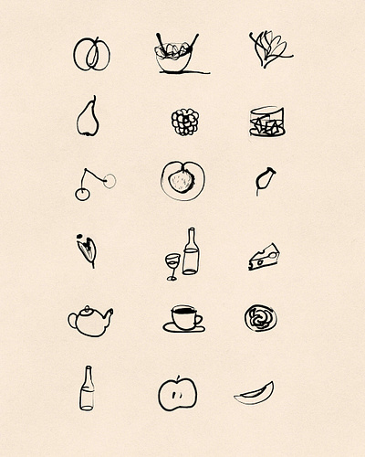 Hand-drawn Inky Food & Drink Icons cheese coffee drinks food fruits hand drawn icon set icons ink inky pastries tea wine