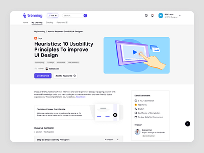 Trenning - Detailed Learner Course in a SaaS LMS course education education platform knowledge base learner learning management system learning material learning path lms product design saas saas design staff training student team training ui ux web app web design wiki