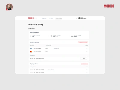 Invoices & Billing Page Desktop View ✦ Mobilo Card admin dashboard billing digital cards invoices management ux mobile admin panel mobile ui saas design user settings