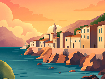 Golden Hour in Sicily architecture art digitalillustration goldenhour illustration illustrator italy landscape mediterranean memorial mountains procreate saintlucia sea sicily sunset syracuse town view waterfront