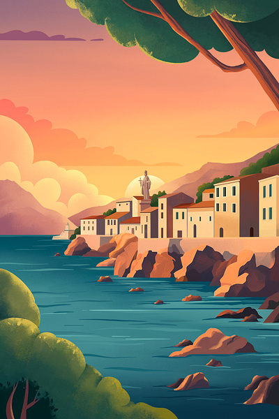 Golden Hour in Sicily architecture art digitalillustration goldenhour illustration illustrator italy landscape mediterranean memorial mountains procreate saintlucia sea sicily sunset syracuse town view waterfront