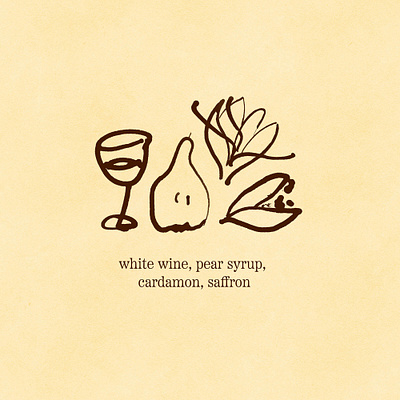 Inky Hot Drink Ingredients - White wine, pear, cardamon, saffron cardamon drawing hand drawn hot drink illustration ingredients ink inky pear saffron white wine