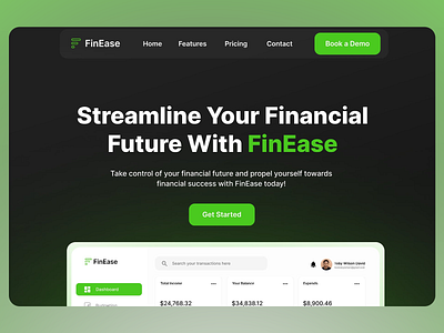 Branding: Simplify Your Financial Management Journey call to action clean aesthetics client centric customer engagement dashboard design digital finance elegant layout financial tools fintech branding green color scheme interface design landing page minimalistic layout professional design responsive design ui design usability user interface web app website