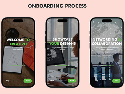 App design: Streamlined Onboarding for Creativo App Users app navigation app walkthrough collaboration tools creative app creative networking design showcase digital creativity feature highlights interface aesthetics intuitive interface mobile innovation mobile ui modern app flow onboarding screens professional design seamless design startup experience user engagement user journey user onboarding