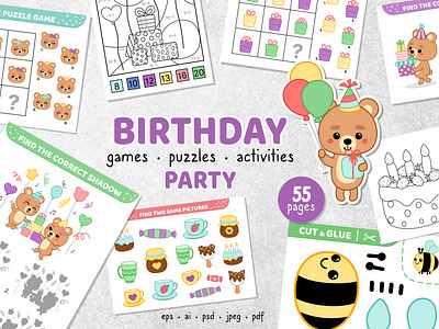 Bear Birthday party. Puzzle games and activities activities bear birthday children game party puzzle