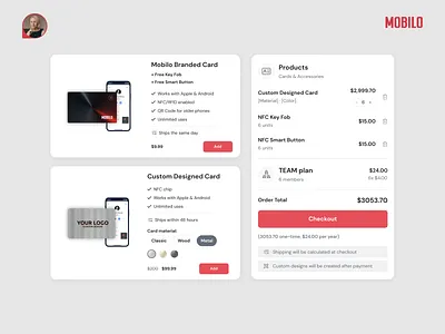 Checkout Elements Overview ✦ Mobilo Card billing checkout design system desktop view digital business cards mobile view payment overview saas shipping
